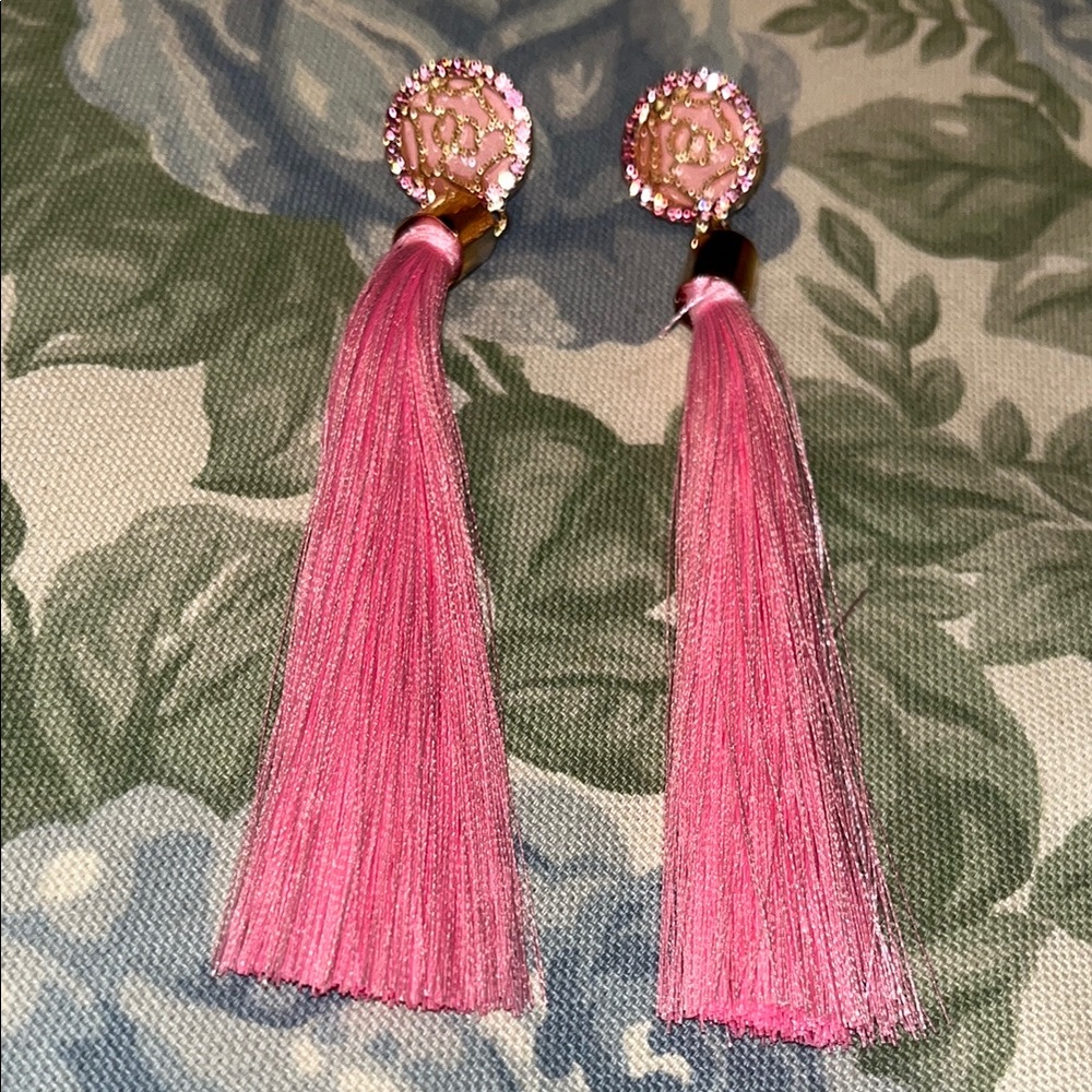 New Chic 1940s style Pink Rhinestone Fringe Tassel Post Dangle Duster Earrings